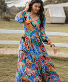 Printed Smocked Tie Neck Balloon Sleeve Maxi Dress - Body By J'ne