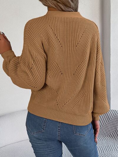 Openwork Half Button Lantern Sleeve Sweater - Body By J'ne