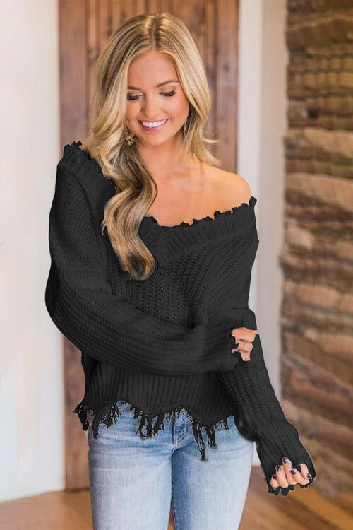 Frayed Hem Dropped Shoulder Sweater - Body By J'ne