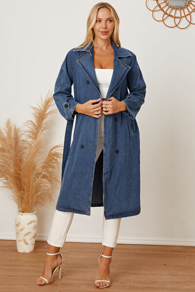 Double-Breasted Belted Longline Denim Jacket - Body By J'ne