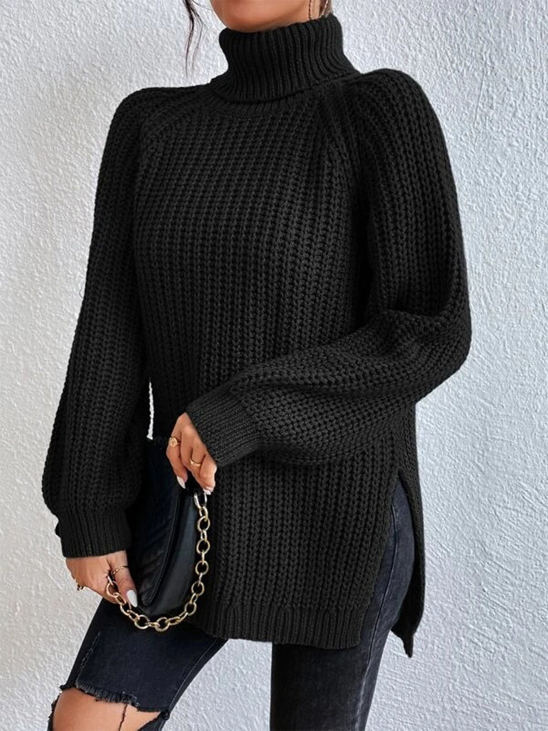 Full Size Turtleneck Rib-Knit Slit Sweater - Body By J'ne