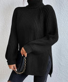 Full Size Turtleneck Rib-Knit Slit Sweater - Body By J'ne