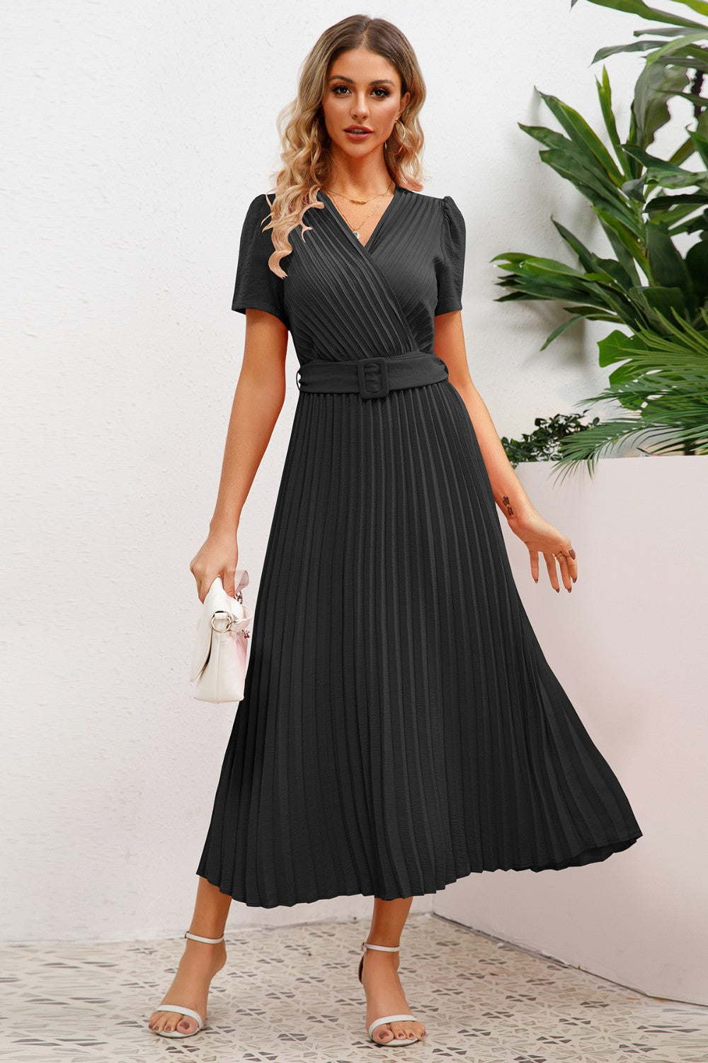 Pleated Surplice Short Sleeve Midi Dress - Body By J'ne
