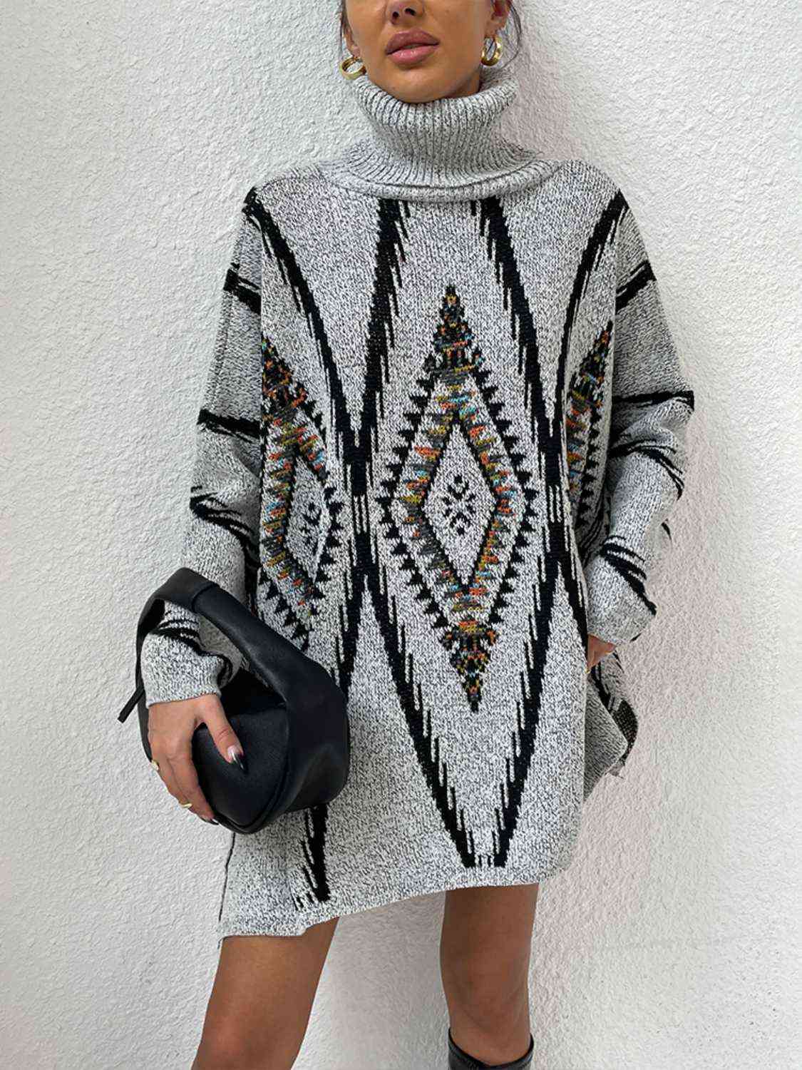 Turtleneck Slit Geometric Sweater - Body By J'ne