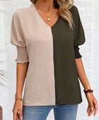 Contrast V-Neck Lantern Sleeve Blouse - Body By J'ne