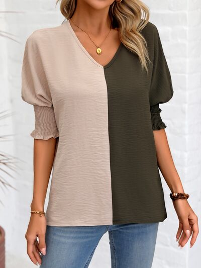 Contrast V-Neck Lantern Sleeve Blouse - Body By J'ne