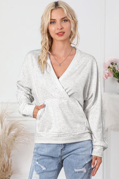 Surplice Pocketed Long Sleeve Sweatshirt - Body By J'ne