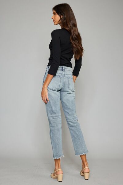 Kancan High Waist Button Fly Raw Hem Cropped Straight Jeans - Body By J'ne