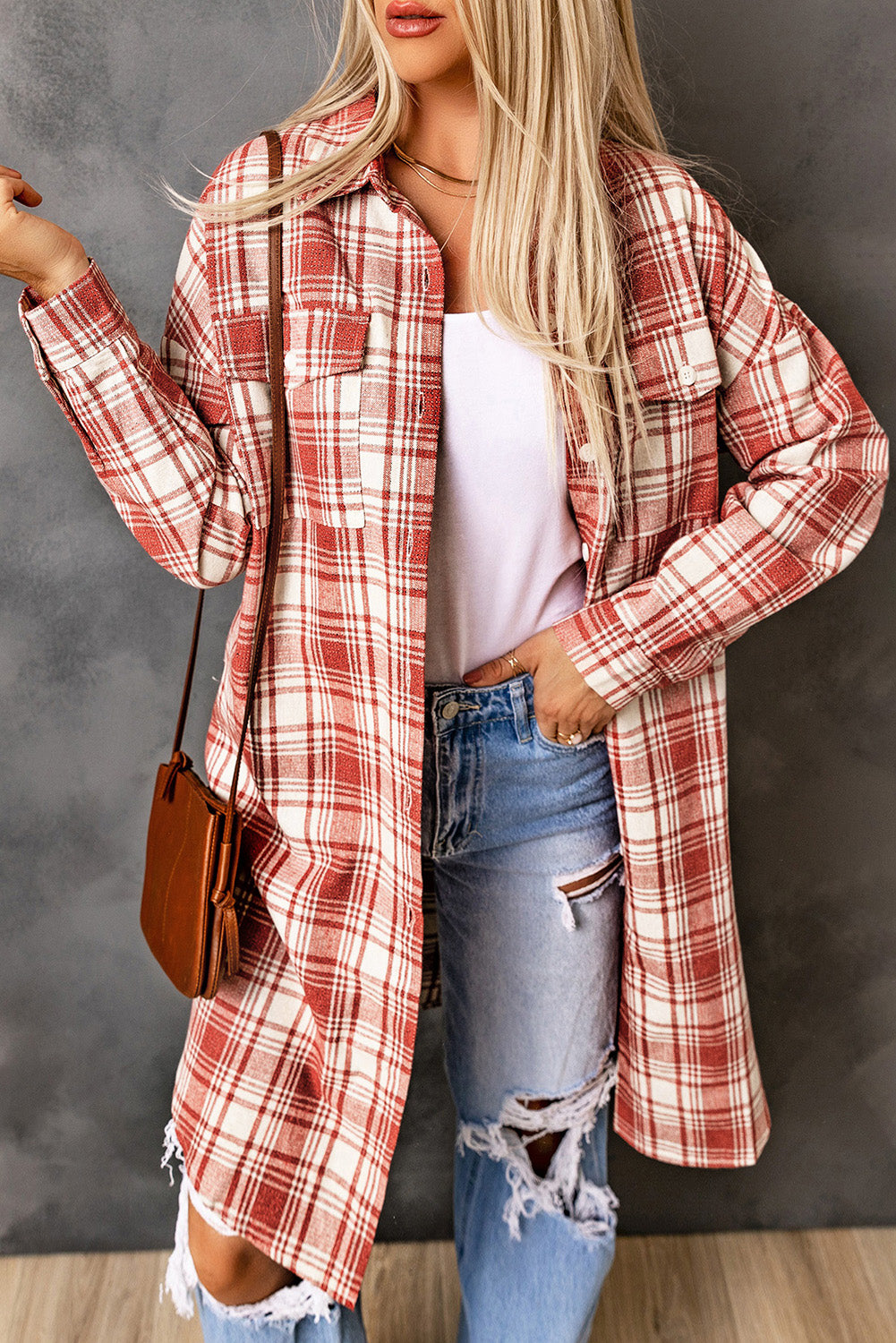 Plaid Button-Up Longline Shacket with Breast Pockets - Body By J'ne