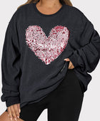 Plus Size Heart Sequin Round Neck Sweatshirt - Body By J'ne