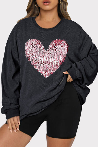 Plus Size Heart Sequin Round Neck Sweatshirt - Body By J'ne