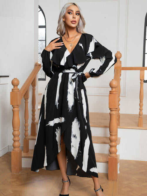 Printed Tie Front Ruffle Trim Long Sleeve Dress - Body By J'ne