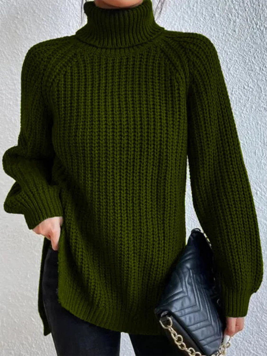 Full Size Turtleneck Rib-Knit Slit Sweater - Body By J'ne