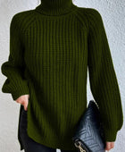 Full Size Turtleneck Rib-Knit Slit Sweater - Body By J'ne