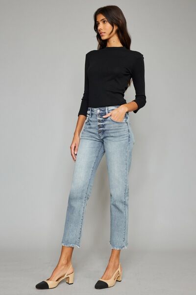 Kancan High Waist Button Fly Raw Hem Cropped Straight Jeans - Body By J'ne