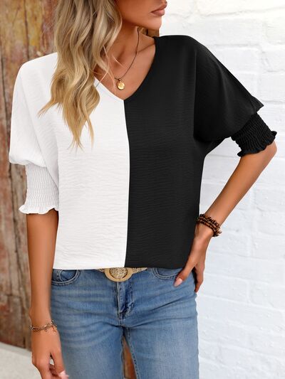 Contrast V-Neck Lantern Sleeve Blouse - Body By J'ne