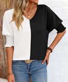 Contrast V-Neck Lantern Sleeve Blouse - Body By J'ne