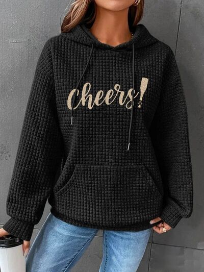 Full Size CHEERS Waffle-Knit Drawstring Hoodie - Body By J'ne