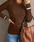 Round Neck Contrast Long Sleeve Knit Top - Body By J'ne