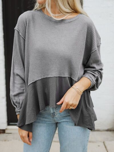 Waffle-Knit Round Neck Dropped Shoulder T-Shirt - Body By J'ne