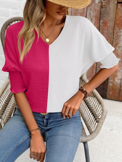 Contrast V-Neck Lantern Sleeve Blouse - Body By J'ne