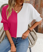 Contrast V-Neck Lantern Sleeve Blouse - Body By J'ne