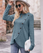 Double Take Ribbed Round Neck Buttoned Long Sleeve Tee - Body By J'ne