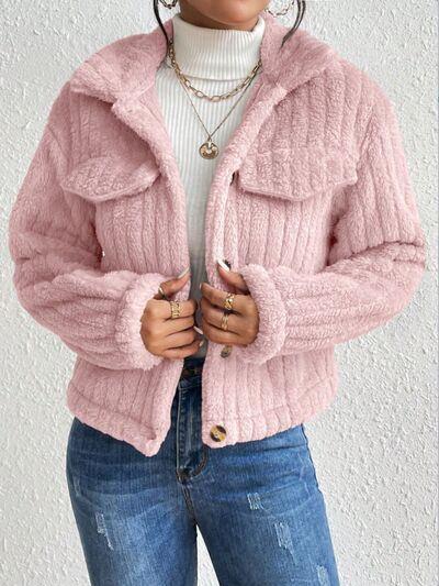 Fuzzy Button Up Collared Neck Jacket - Body By J'ne