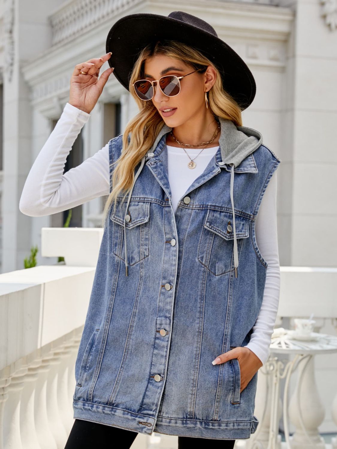 Drawstring Hooded Sleeveless Denim Top with Pockets - Body By J'ne