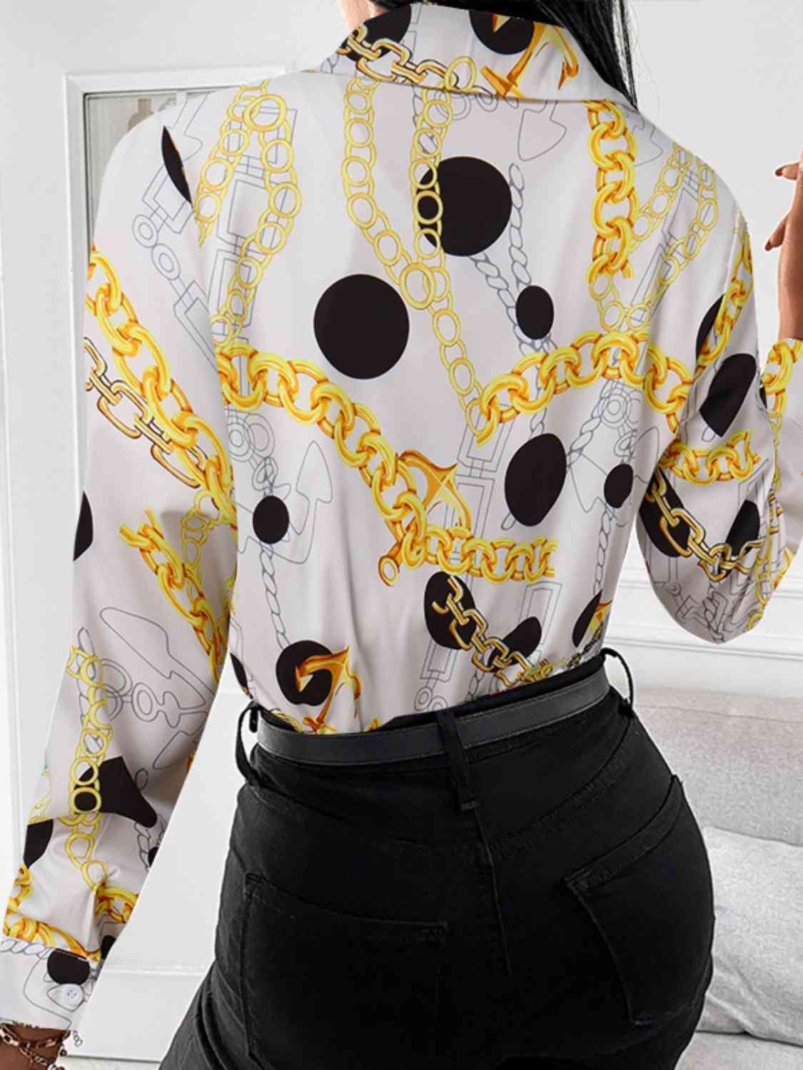 Printed Collared Neck Long Sleeve Shirt - Body By J'ne