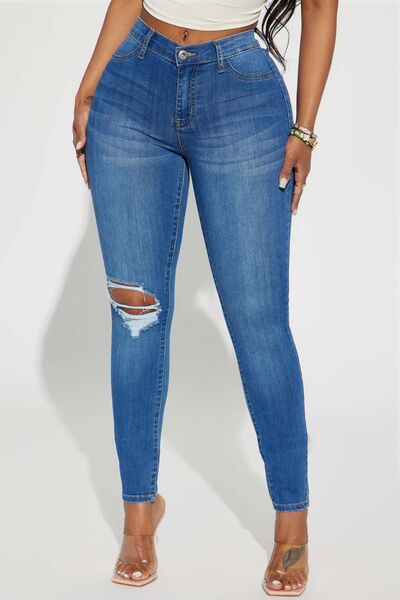 Distressed Buttoned Jeans with Pockets - Body By J'ne