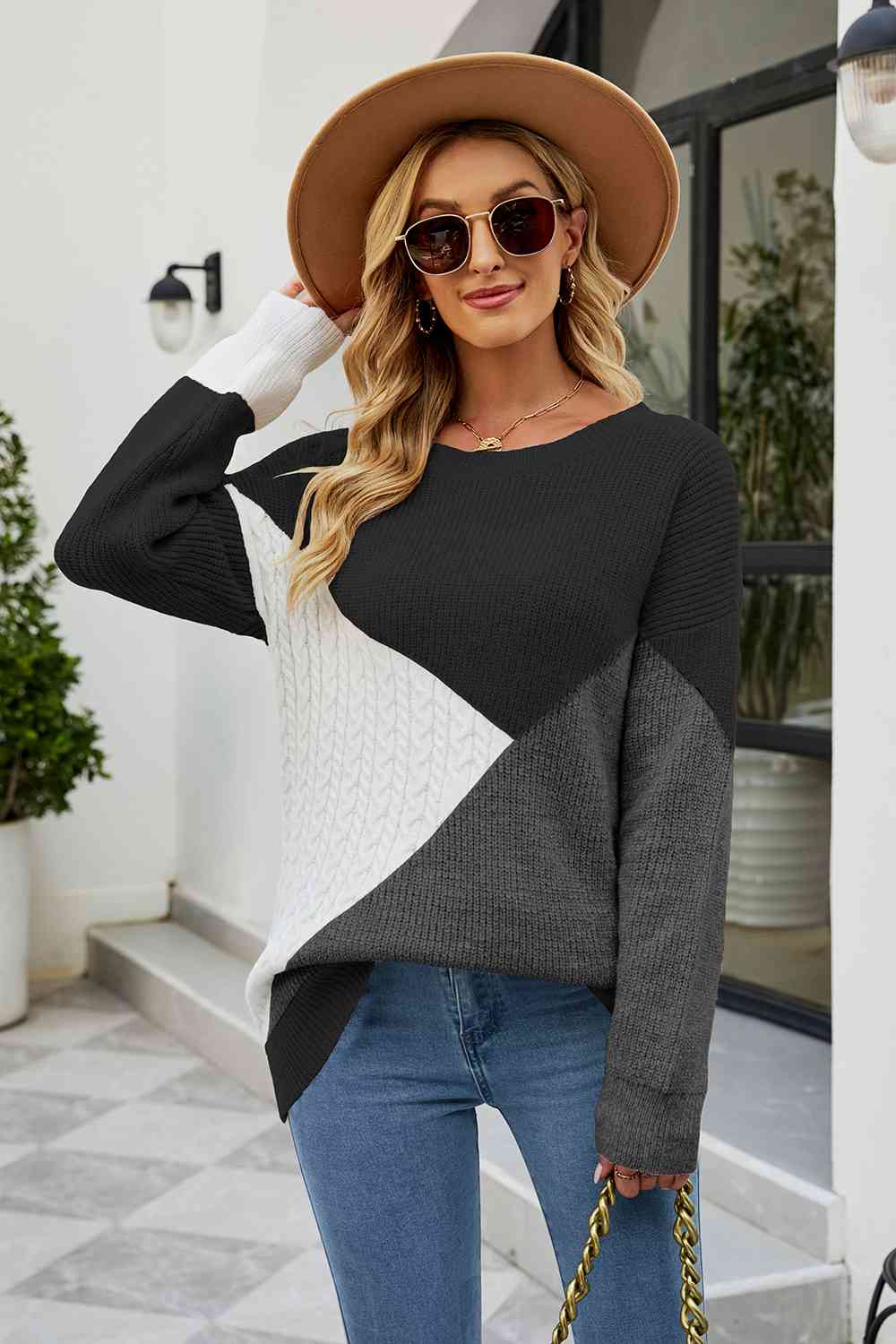 Color Block Round Neck Sweater - Body By J'ne