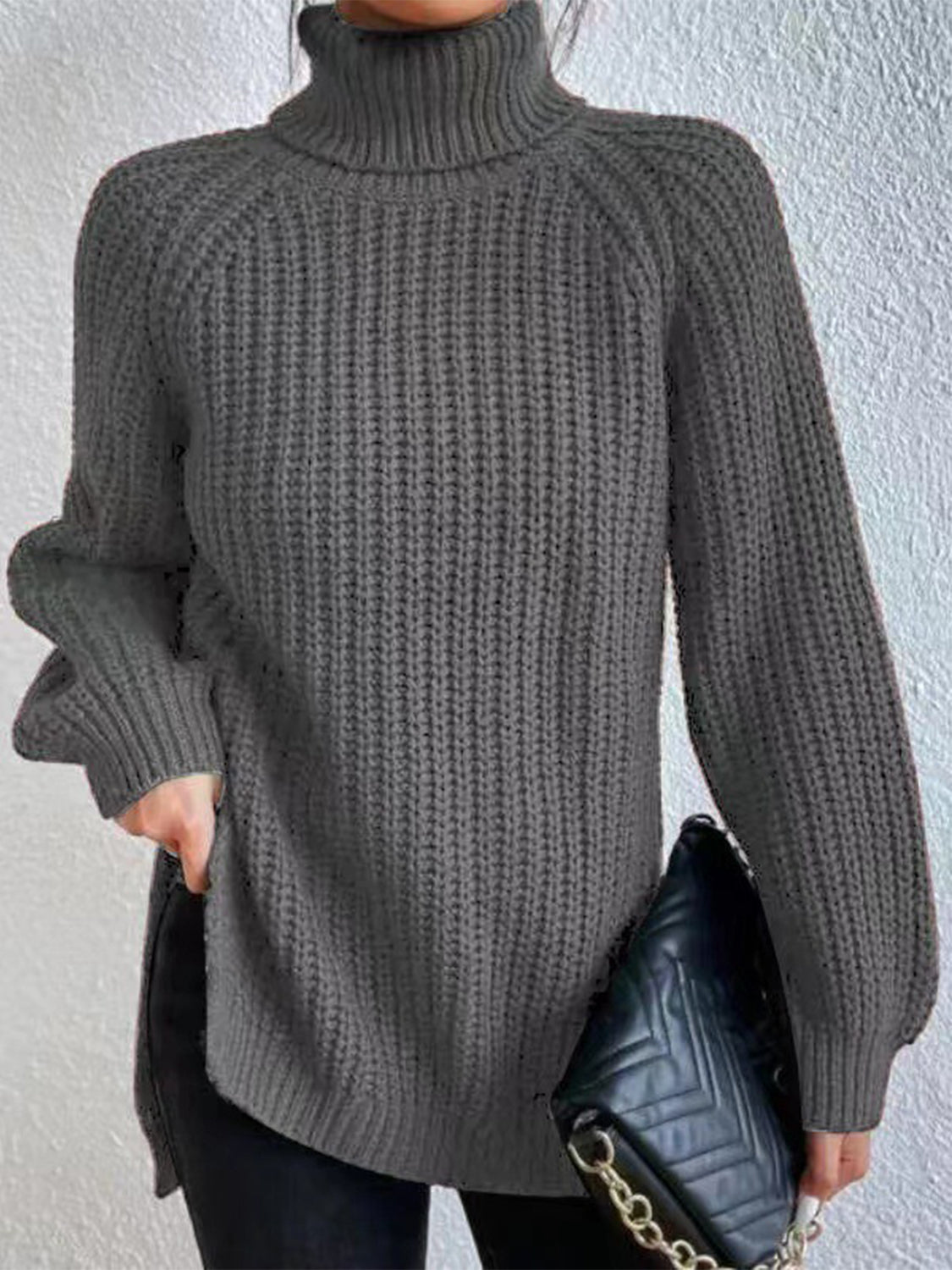 Full Size Turtleneck Rib-Knit Slit Sweater - Body By J'ne