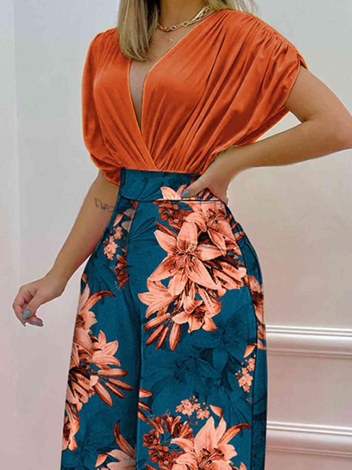 Printed Surplice Top and Wide Leg Pants Set - Body By J'ne