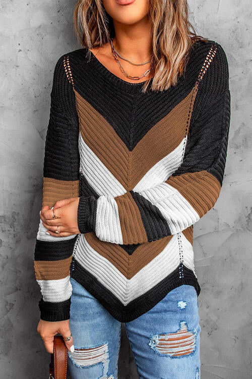 Eyelet Color Block Long Sleeve Sweater - Body By J'ne