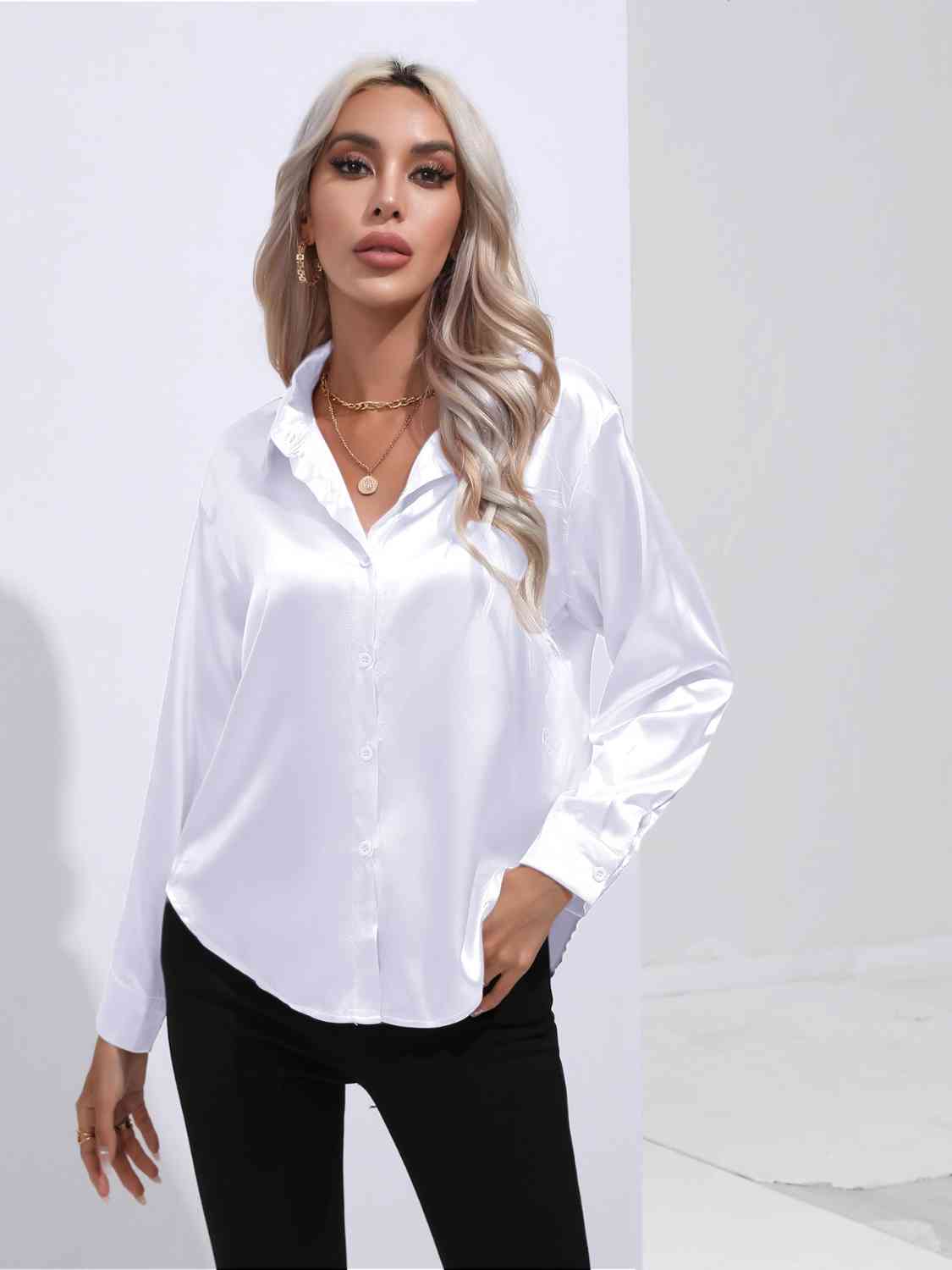 Collared Neck Buttoned Long Sleeve Shirt - Body By J'ne