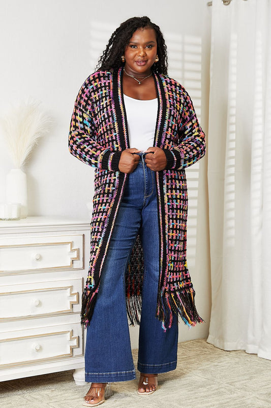 Full Size Multicolored Open Front Fringe Hem Cardigan - Body By J'ne