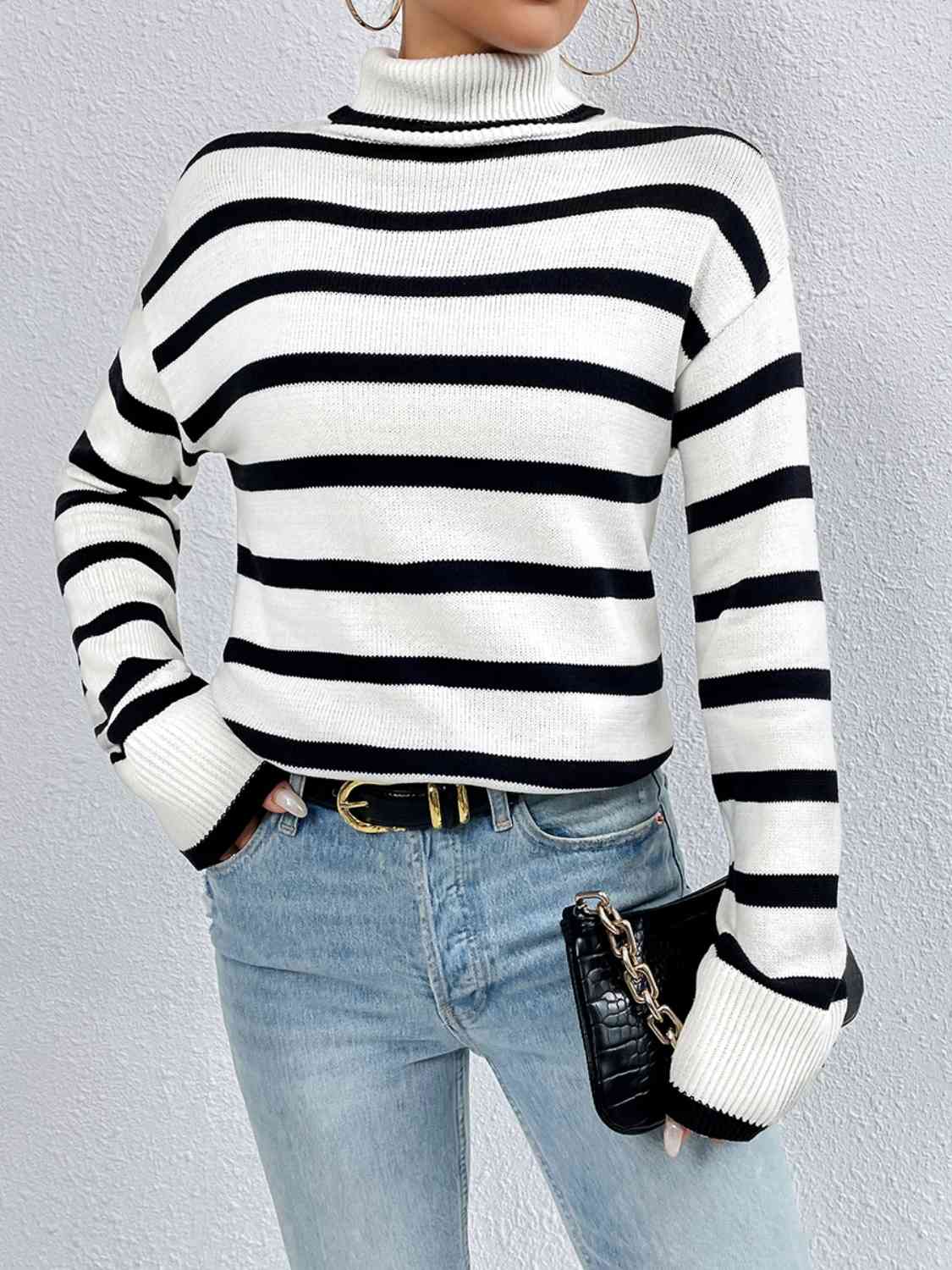 Striped Turtleneck Drop Shoulder Sweater - Body By J'ne