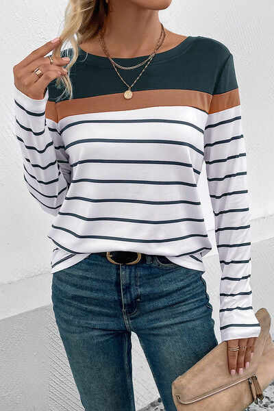 Striped Round Neck Long Sleeve T-Shirt - Body By J'ne