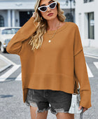 High-Low Slit Round Neck Long Sleeve Sweater - Body By J'ne