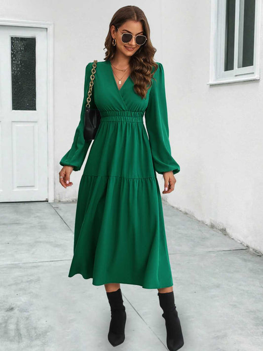 Surplice Neck Long Sleeve Midi Dress - Body By J'ne