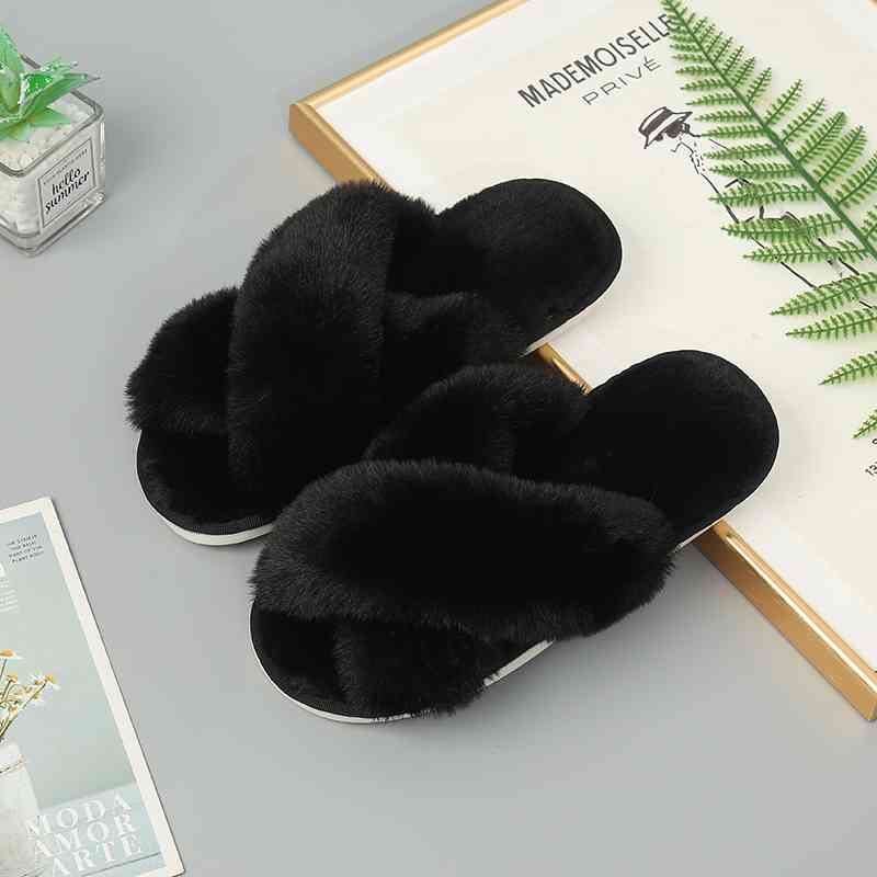 Faux Fur Crisscross Strap Slippers - Body By J'ne