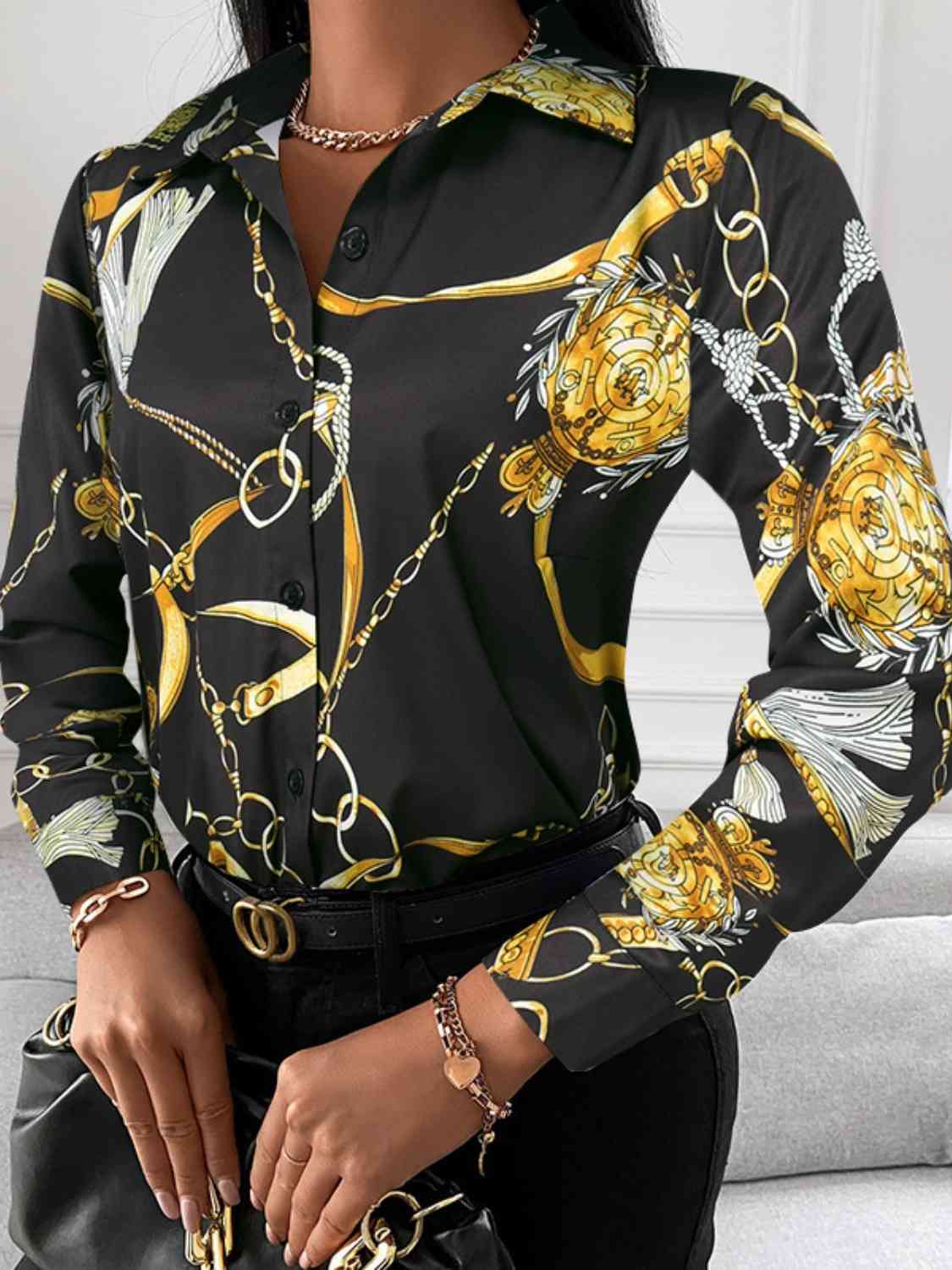 Printed Collared Neck Long Sleeve Shirt - Body By J'ne