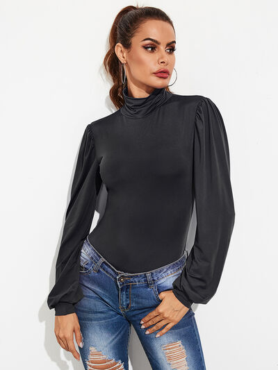 Backless Tie-Waist Turtleneck Lantern Sleeve Bodysuit - Body By J'ne