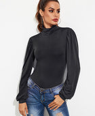 Backless Tie-Waist Turtleneck Lantern Sleeve Bodysuit - Body By J'ne