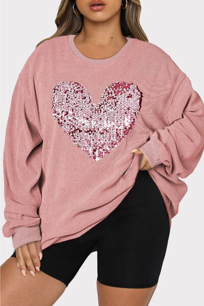 Plus Size Heart Sequin Round Neck Sweatshirt - Body By J'ne