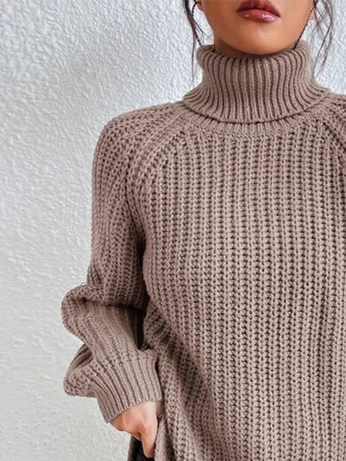 Full Size Turtleneck Rib-Knit Slit Sweater - Body By J'ne