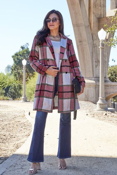 Full Size Plaid Button Up Lapel Collar Coat - Body By J'ne