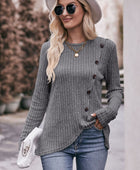 Double Take Ribbed Round Neck Buttoned Long Sleeve Tee - Body By J'ne