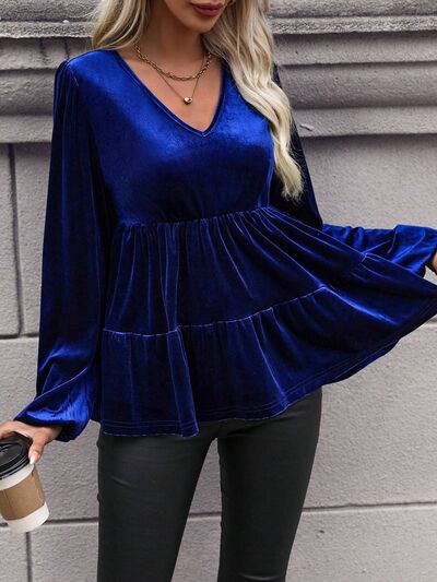 V-Neck Balloon Sleeve Peplum Blouse - Body By J'ne